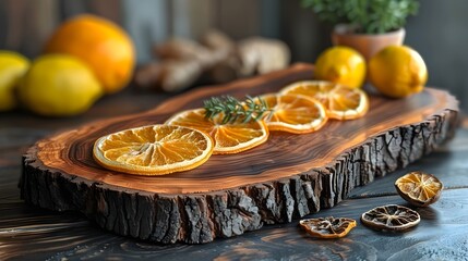 Wooden serving board in organic edge shape with dried lemon slices, lifestyle decor