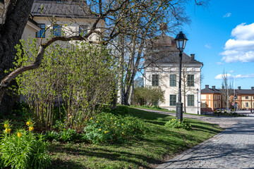 The Odinslund Park on a sunny spring day in late April. The park connects Carolina Rediviva and Cathedral Hill in Uppsala, Sweden