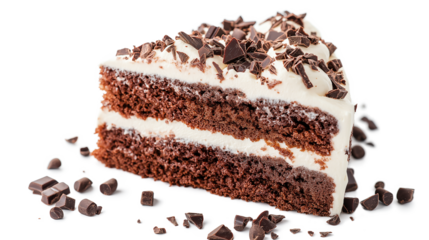 A slice of chocolate cake with white frosting and chocolate chips on top
