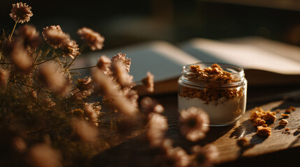 A fresh morning vibe showing yogurt with granola on a table, next to blooming flowers and an open notebook.