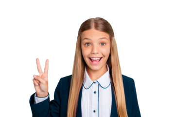 Close up photo beautiful she her little lady funky funny long hairdo hand arm raised v-sign positive say hi classmate wear formalwear shirt blazer school form isolated bright teal turquoise background
