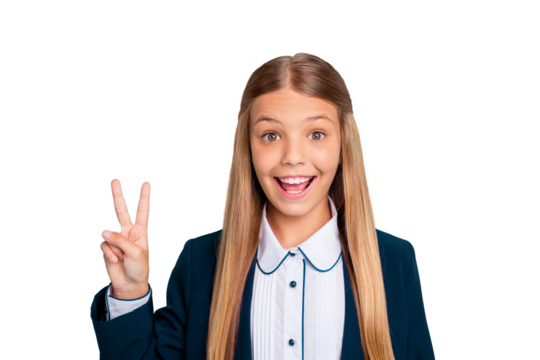 Close up photo beautiful she her little lady funky funny long hairdo hand arm raised v-sign positive say hi classmate wear formalwear shirt blazer school form isolated bright teal turquoise background
