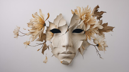 Cracked porcelain mask with floral elements, surreal face, emotional, delicate, artistic style