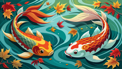 portrait Closeup Two Koi Fish Swimming in Water with Autumn Leaves Very beautiful