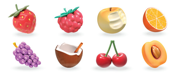 Fruits vector 3d icon set with Juicy Berries, Citrus, and Tropical Fruits including strawberries, raspberries, grape, orange, coconut and apricot