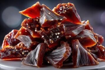 Colorful display of dried fruit snacks arranged elegantly on a plate, showcasing rich textures and natural sweetness for healthy eating options