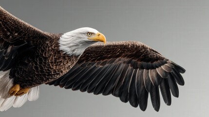  Majestic Eagle Soaring: A bald eagle, the epitome of grace and strength, takes flight against a pristine backdrop, showcasing its impressive wingspan and piercing gaze.