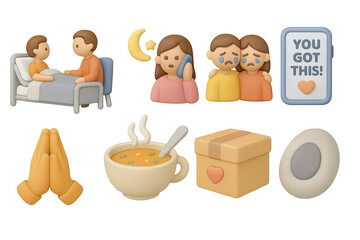 Emotions and well-being 3d icons set – comforting, supportive, mental health visuals