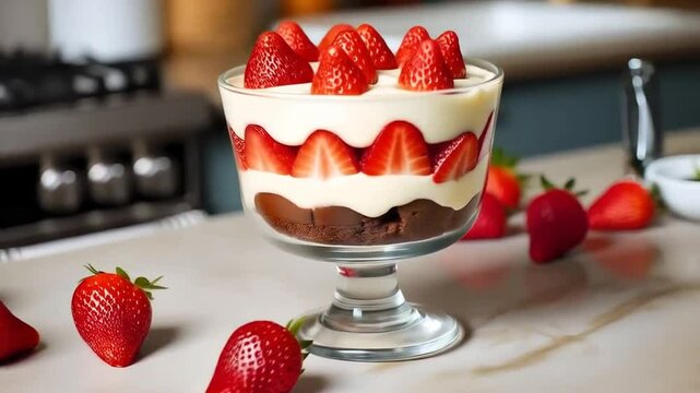 Strawberry trifle with layers of fresh strawberries , chocolate cake , and custard in a glass bowl , kitchen background