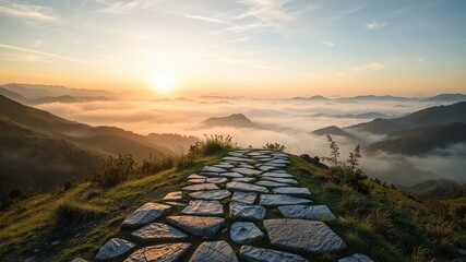 Stone Path to Sunrise Mist-Kissed Hills