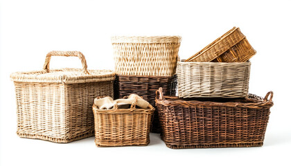 Many different wicker baskets on white background