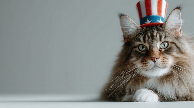 Patriotic Cat: A majestic cat with a charmingly patriotic hat. The image is ideal for those wanting to capture the spirit of patriotism.