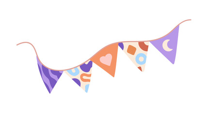 Festive paper garland with kids patterns. Triangle flags hanging on string on nursery room wall. Baby home decor, cute interior decoration. Flat isolated vector illustration on white background © Paper Trident