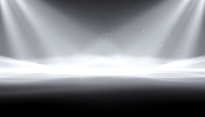 柔らかな光に包まれた空間　白とグレーのグラデーションで幻想的に広がる抽象的な背景　白霧に包まれた幻想的な水平空間