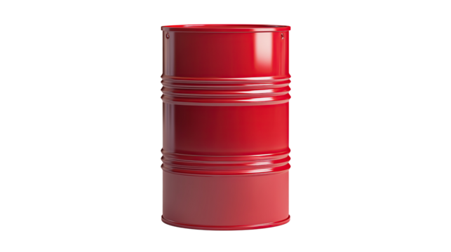 Red metal oil barrel standing upright isolated on transparent background. PNG