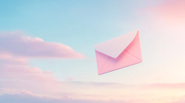 Floating pink envelope in a pastel gradient sky with dreamy atmosphere for creative inspiration