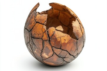 Broken, spherical, earthenware vessel.  Cracked, antique-like surface