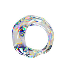 Abstract 3D glass ring with iridescent surface, liquid flow, waving shape. Transparent torus blob with colorful reflections. Ideal for modern digital design or futuristic art.