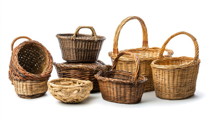 Many different wicker baskets on white background
