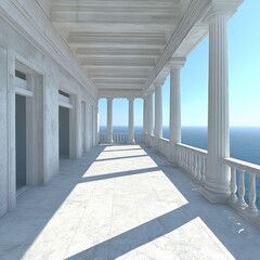 Elegant white marble balcony overlooking the sea.  Spacious, classical architecture with columns and balustrade.  Sunny day