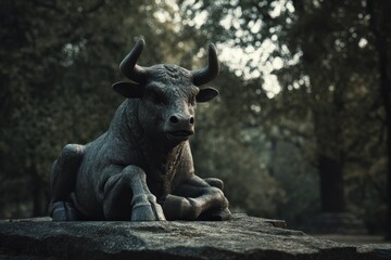 Fototapeta na wymiar Dark, serene sculpture of a bull resting on a stone outcrop.