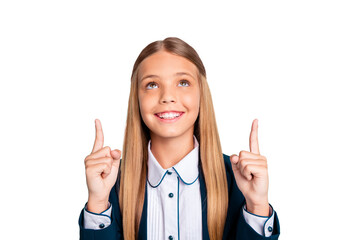 Close up photo beautiful she her little lady  hand arm fingers indicate up empty space low prices...