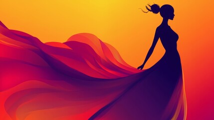 Fototapeta premium Elegant Silhouette of Woman with Flowing Dress Against Vibrant Background