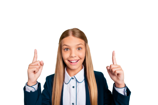 Close up photo beautiful she her little excited lady  hand arm fingers indicate up empty space low prices school supply stuff formalwear shirt blazer form isolated bright teal turquoise background