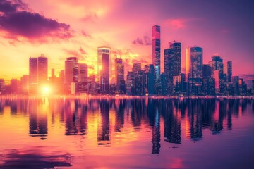 Fototapeta premium Vibrant cityscape reflected in a tranquil water's edge at sunset.