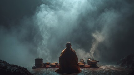 Serene Monk Meditation in Misty Environment with Food Offerings