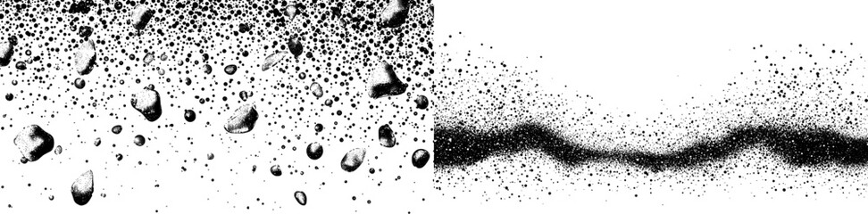 The design showcases an abstract grunge monochrome surface with an overlay of stochastic stipple spray, noise grain background, and modern dotwork pattern