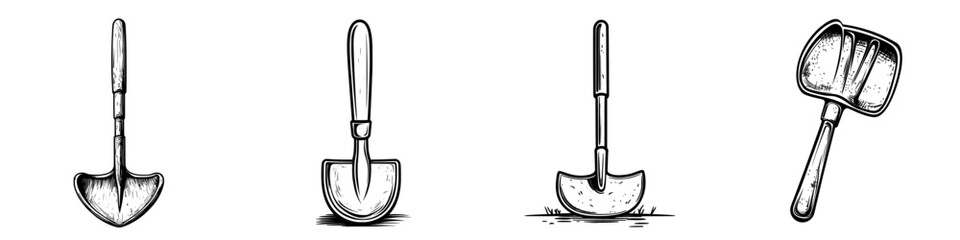 Modern shovel icon in a solid style, represented as a logo illustration and pictogram, isolated on a white background