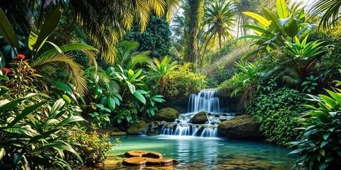 Tropical Waterfall Oasis - Lush Foliage Serenity