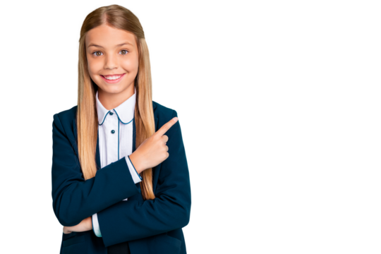 Close up photo beautiful she her little lady pretty hairdo like love study school hand arm index finger empty space wear formalwear shirt blazer school form isolated bright teal turquoise background