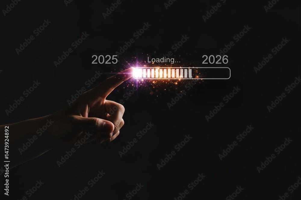Poster a hand is touching a glowing loading bar, with 