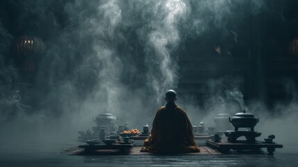 Serene Monastic Space with Smoke and Meditation in Tranquil Setting