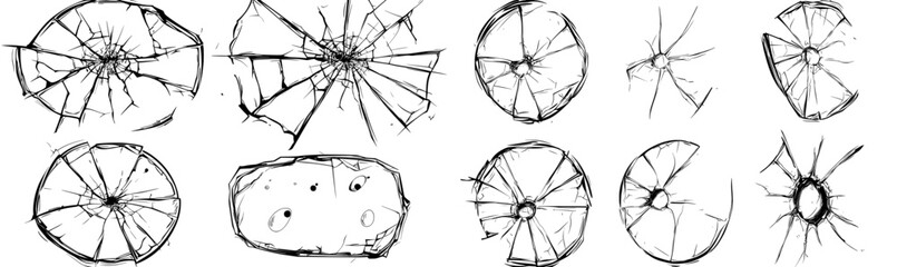 Modern break surface set featuring cracked glass, smashed ice effect, and realistic texture of broken mirror with bullet holes in transparent glass