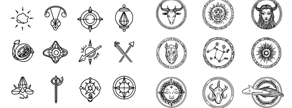 Modern design illustrations of zodiac symbolism, including aries, taurus, gemini, cancer, leo, virgo, libra, scorpio, and other icons, for horoscope and astrology line signs