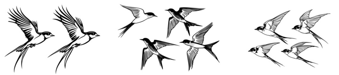 Obraz premium A modern set of silhouetted flying birds on a white background, symbolizing a flock of swallows, is ideal for tattoos of spring birds or swift birds flying in a crowded sky