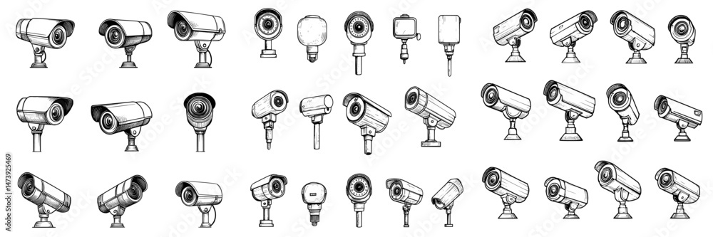 Poster a set of security camera line icons is available, featuring a modern symbol collection in linear sty