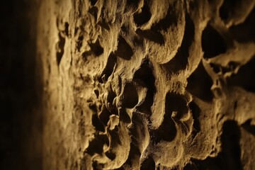 Close-up view of textured, earthen wall.  Detailed, irregular patterns and subtle shading create a sense of depth and dimension