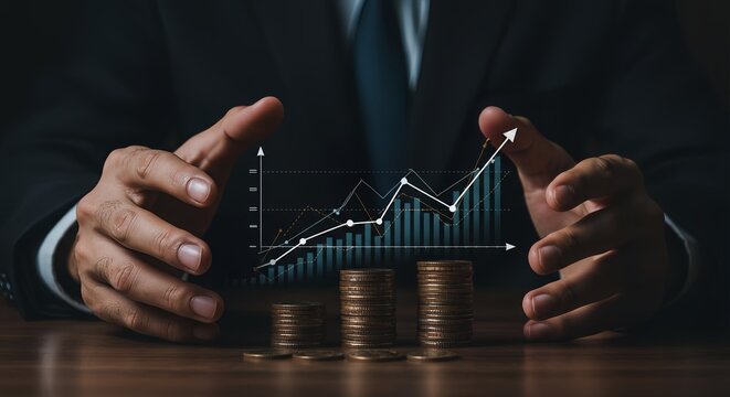 A businessman in a suit protects a stack of coins with a rising graph overlay, symbolizing financial growth and investment security.
