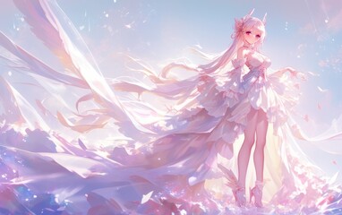 躍動感あふれる白髪の美少女キャラクター・アニメスタイルのファンタジーイラスト