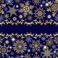 Vector seamless winter dark blue pattern with doodle golden and white snowflakes and spirals and vivid stars