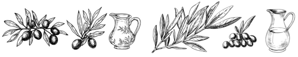Modern graphic sketches set showcasing an oil tree, a vintage hand drawn olive branch, an engraved bottle, vitamins for berry fruit, vegetarian mayonnaise, farm food, plant foliage, and Mediterranean