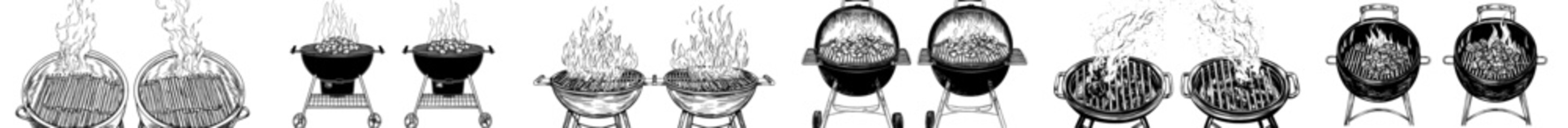 Modern 3D illustration of a realistic barbecue brazier with coal and fire, featuring a grill top view, BBQ stove, and metal grid for outdoor meal cooking and meat grilling
