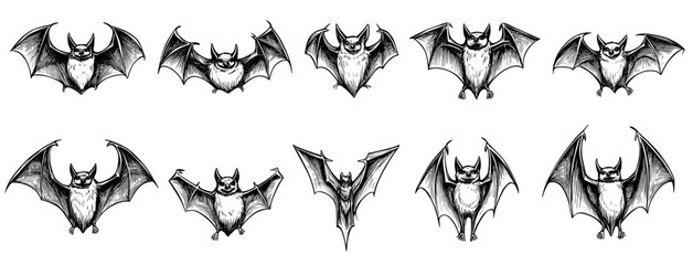 Fototapeta premium Halloween bat silhouettes are presented as isolated modern winged vampire animals, with black shapes set against a white background, creating a creepy and spooky group of fauna creatures depicted