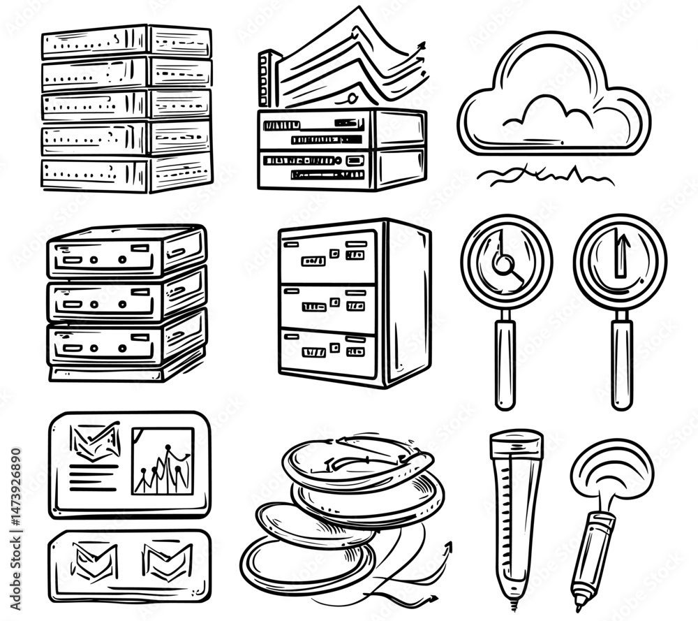 Poster color database network servers and cloud storage icons utilize internet technology, as depicted by m
