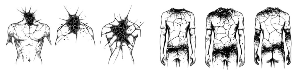 A modern set of jagged, edgy fissures, isolated black earth gaps, and split damage cracks define the ground that has been affected by earthquakes, resulting in a surface that resembles shattered or