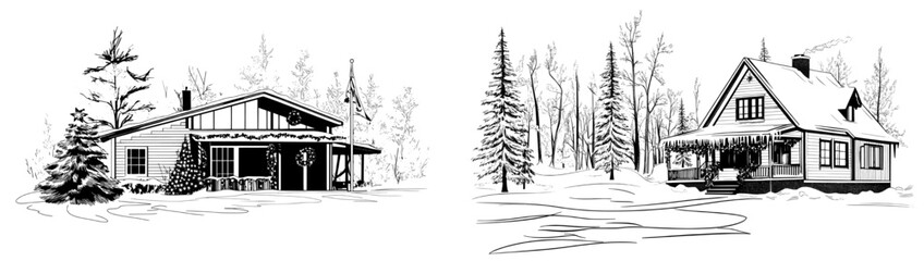 A modern suburban mansion stands invitingly, its charming facade glistening with snow, and its exterior adorned with festive lights and garland, evoking a sense of warmth and coziness